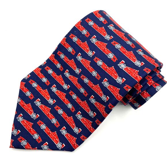 Vintage RM Style Race Cars Men's Silk Repp Tie Necktie Red Classic Made in USA - Picture 1 of 5